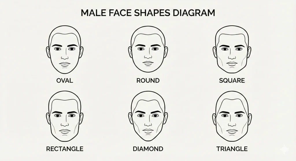 "Diagram of male face shapes including oval, round, square, rectangle, diamond, and triangle."
