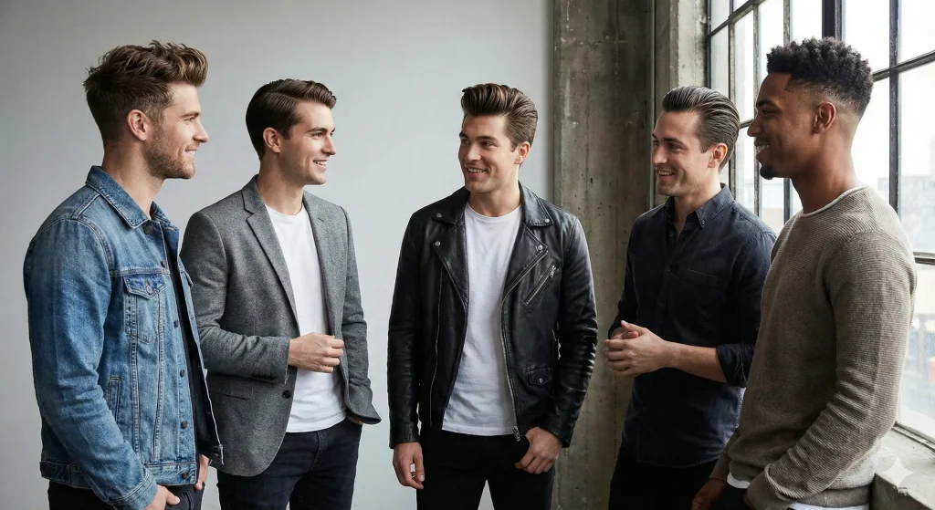 "Men displaying medium-length hairstyles including textured quiff, side part, pompadour, slick back, and taper fade with textured top."

