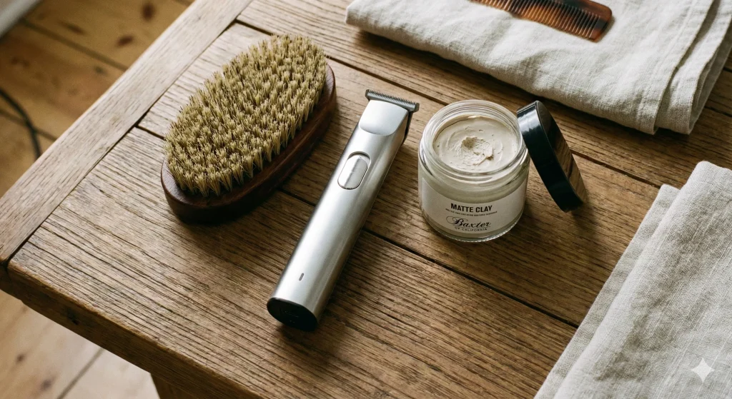 Flat lay photography of essential grooming tools including a fade brush, neck trimmer, and hair styling clay.