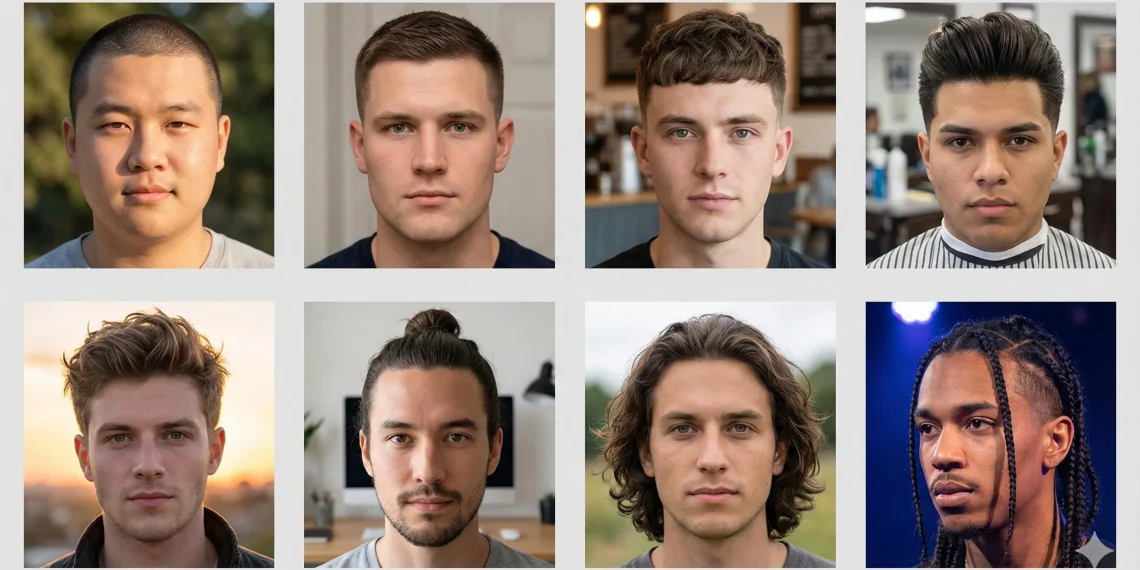 Various men's haircuts including short, medium, and long styles for different face shapes and hair types.