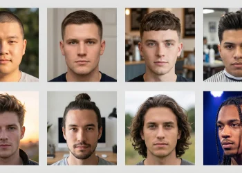 Various men's haircuts including short, medium, and long styles for different face shapes and hair types.