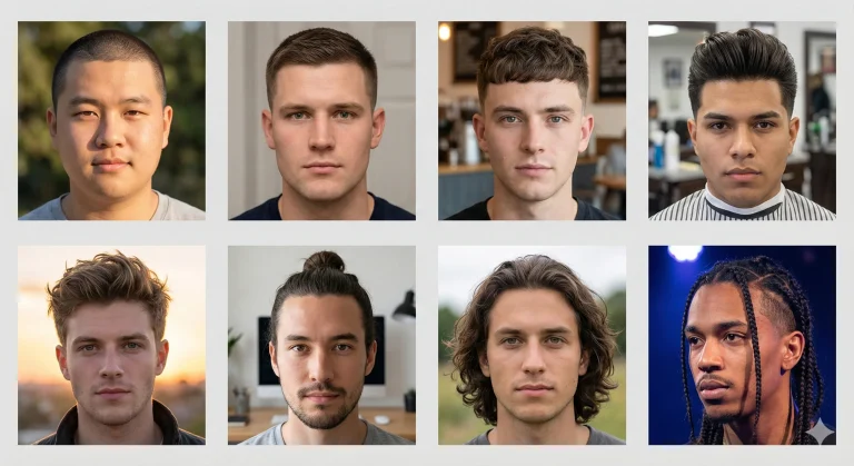 Various men's haircuts including short, medium, and long styles for different face shapes and hair types.