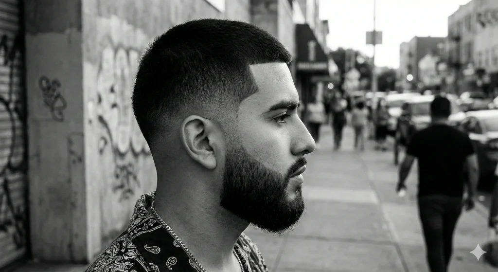 Trendy Mexican man featuring a sharp low taper fade with a crisp razor line-up and beard blend.