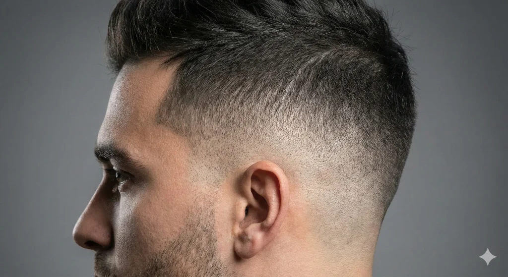Extreme close-up of a men's mid fade haircut showing the smooth gradient blend from skin to short hair.