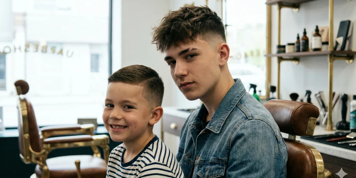 A wide shot of a young boy with a neat low fade standing next to a teenage boy with a stylish high fade in a barbershop setting.
