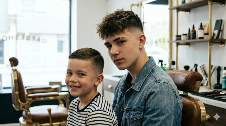 A wide shot of a young boy with a neat low fade standing next to a teenage boy with a stylish high fade in a barbershop setting.