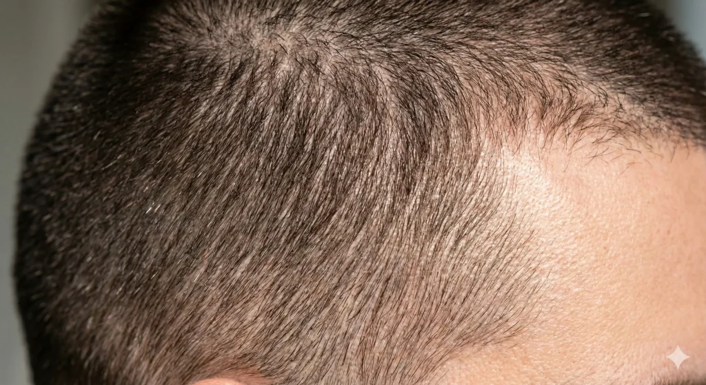 Detailed close-up texture of a men's haircut using a number 2 clipper guard, showing short but visible hair.