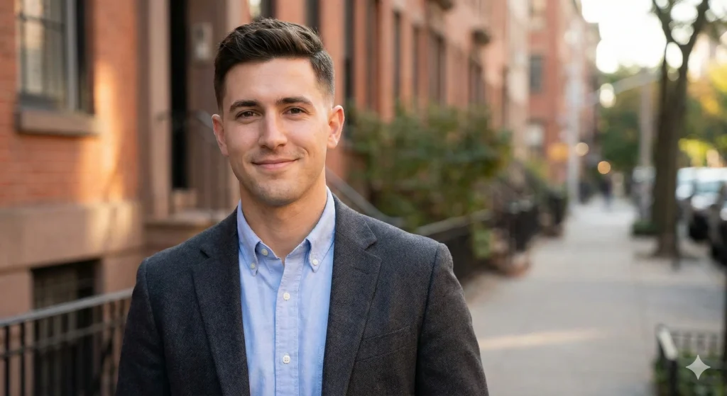 A man wearing a business casual shirt sporting a low taper fade that has grown out slightly but still looks neat and professional.