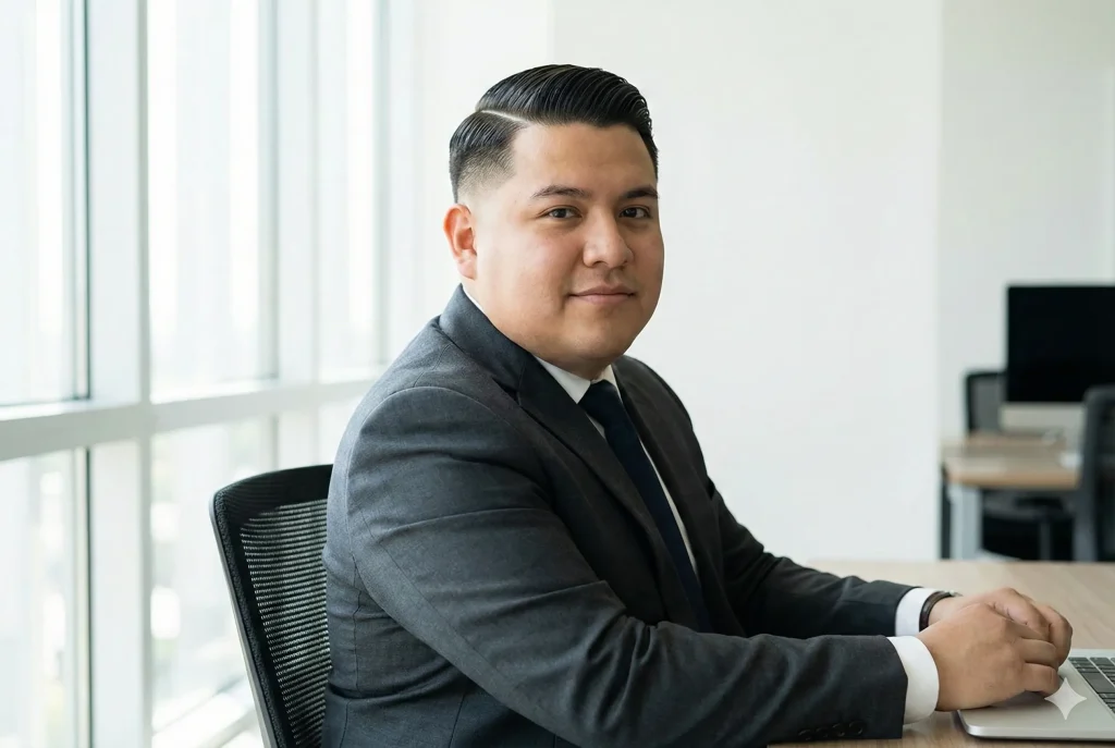 A professional side part haircut with a low fade, suitable for office styles for men with rounder faces.