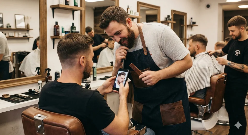 Man in a barber chair showing a reference photo on his smartphone to the barber to explain his desired haircut.