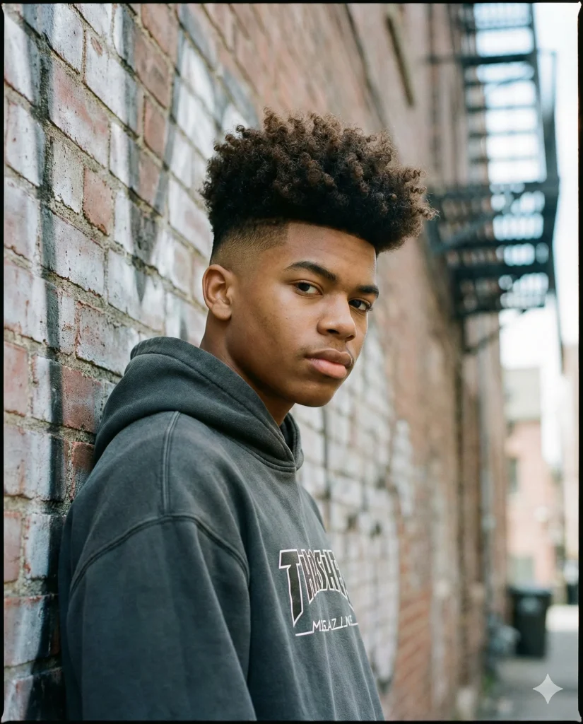 A profile portrait of a teenage boy with curly hair styled in a high top fade with skin shaved sides.