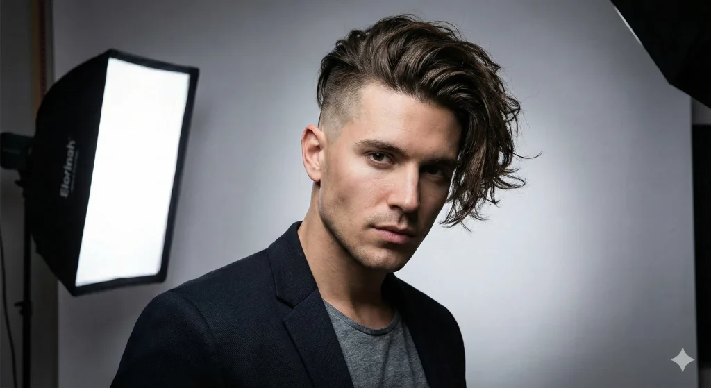"Man with an undercut fade, long hair on top and short faded sides, showing bold hairstyle contrast."