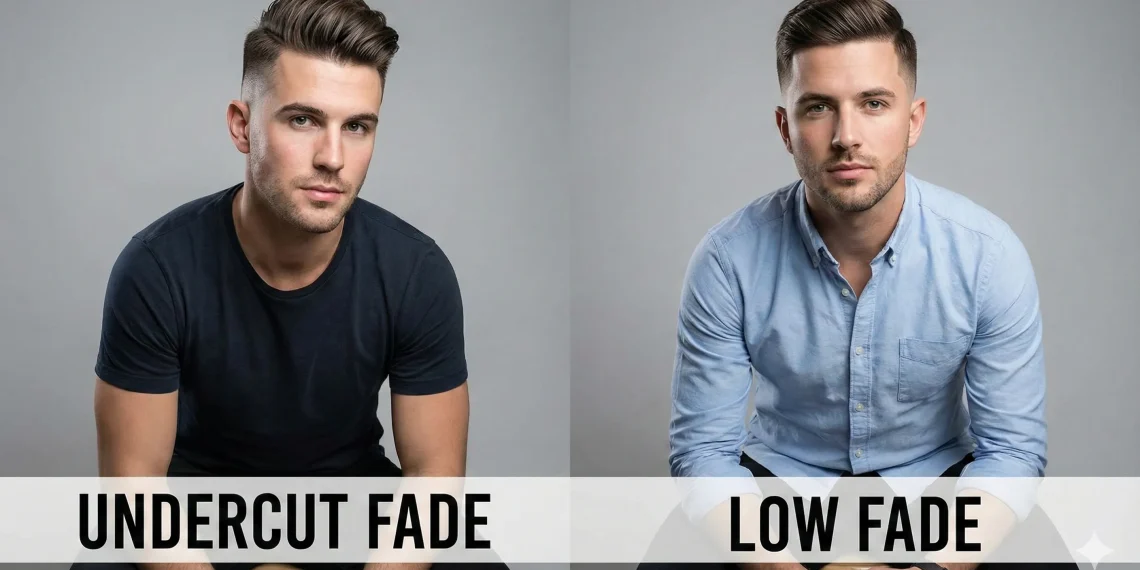 Side-by-side view of a man with an undercut fade and a low fade haircut, showing modern hairstyle contrast.