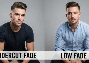 Side-by-side view of a man with an undercut fade and a low fade haircut, showing modern hairstyle contrast.