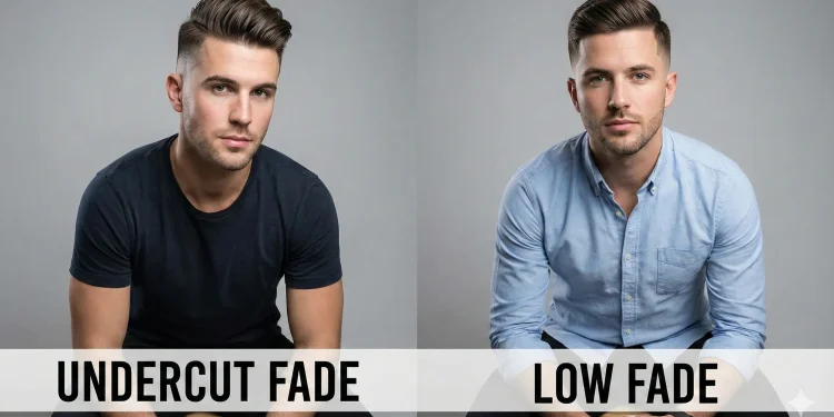 Side-by-side view of a man with an undercut fade and a low fade haircut, showing modern hairstyle contrast.