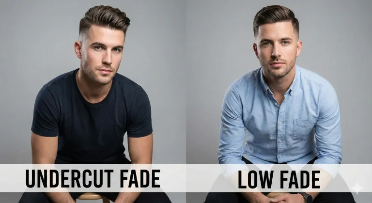 Side-by-side view of a man with an undercut fade and a low fade haircut, showing modern hairstyle contrast.