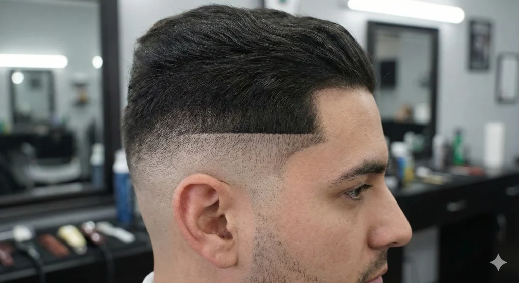 Close-up side profile of a man's haircut showing a sharp, unblended dark line between the skin fade and longer hair, illustrating a common fade line mistake.