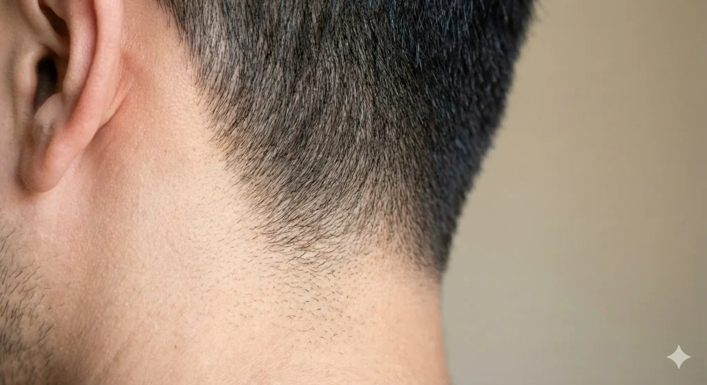 Extreme close-up of a low taper fade behind the ear showing the smooth gradient transition from skin to hair.