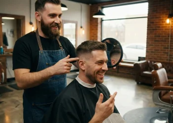 A professional barber holding a hand mirror and consulting with a male client about his fade haircut preferences in a modern barbershop.