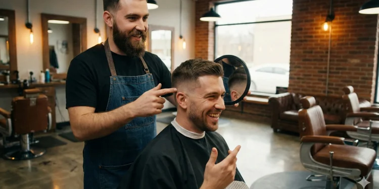 A professional barber holding a hand mirror and consulting with a male client about his fade haircut preferences in a modern barbershop.