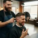 A professional barber holding a hand mirror and consulting with a male client about his fade haircut preferences in a modern barbershop.