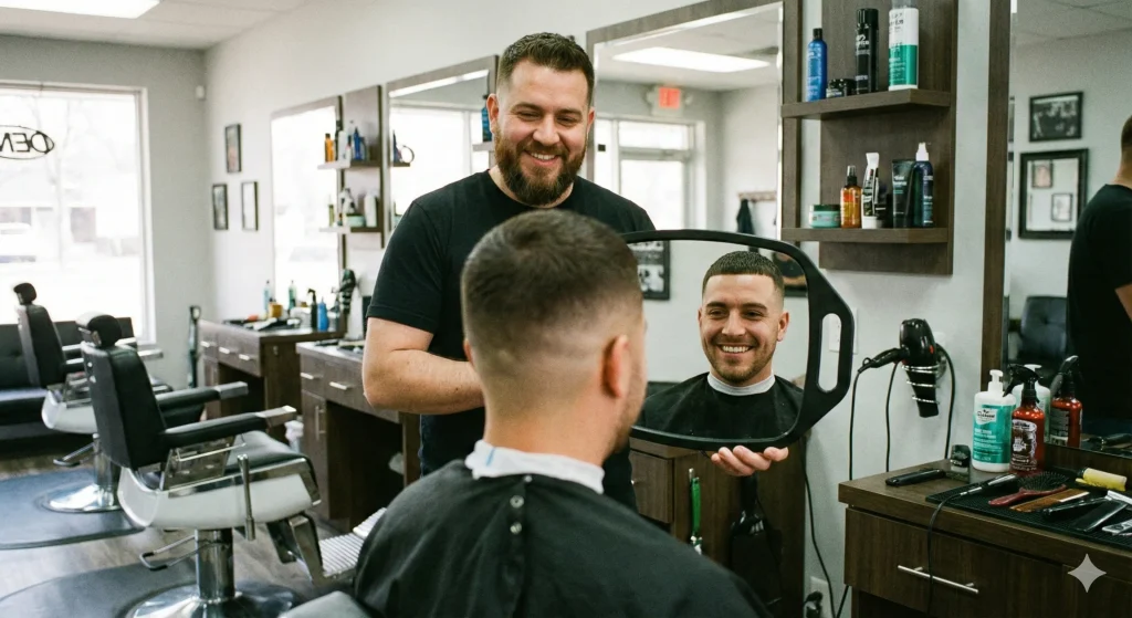 Client looking in a hand mirror at the barber shop to check the back of his fresh taper fade haircut.