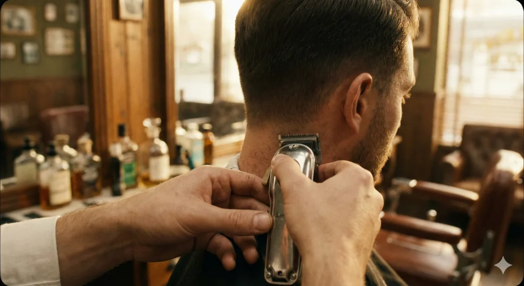 "Barber using clippers to clean up the neckline and blend a fresh taper fade haircut."