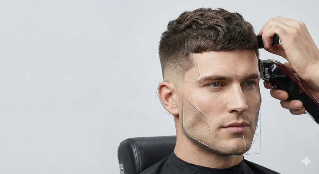 An illustration of a man with a square face shape featuring a soft blend fade haircut that balances his jawline.