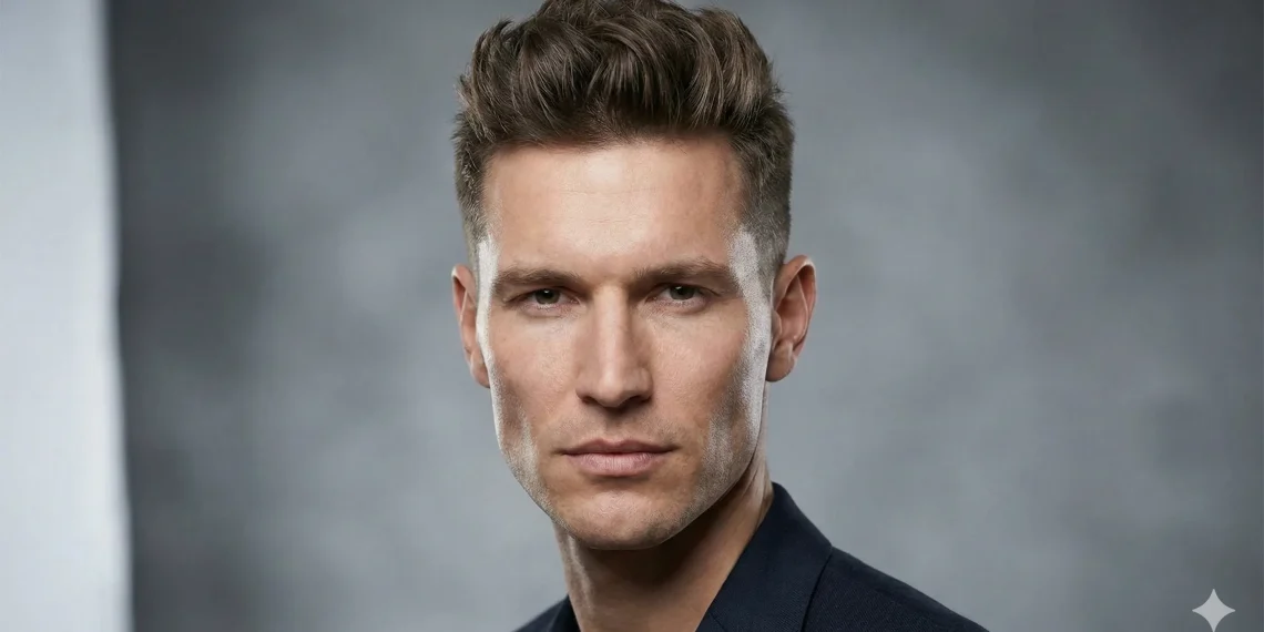 Stylish man with a diamond face shape wearing a textured quiff haircut to balance wide cheekbones.