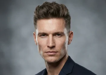 Stylish man with a diamond face shape wearing a textured quiff haircut to balance wide cheekbones.