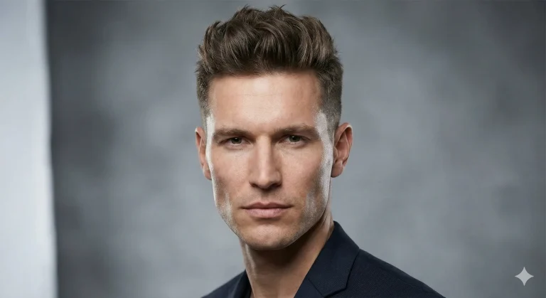 Stylish man with a diamond face shape wearing a textured quiff haircut to balance wide cheekbones.