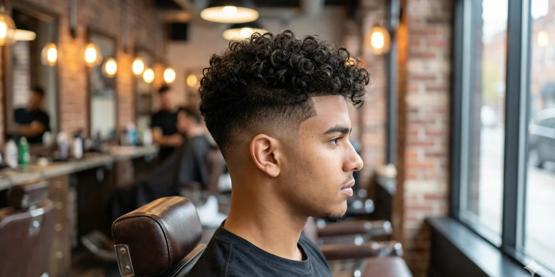 Side profile of a stylish man with a neat low fade curly hair haircut and voluminous curls in a modern barbershop