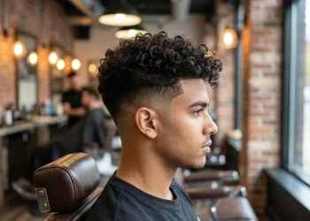 Side profile of a stylish man with a neat low fade curly hair haircut and voluminous curls in a modern barbershop