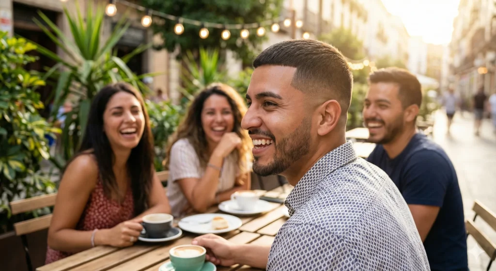 Stylish Hispanic man enjoying an outdoor event with a fresh, sharp low taper fade haircut.