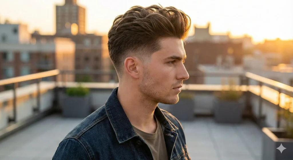 Stylish blowout taper fade with volumized hair swept back and sharp tapered sides.