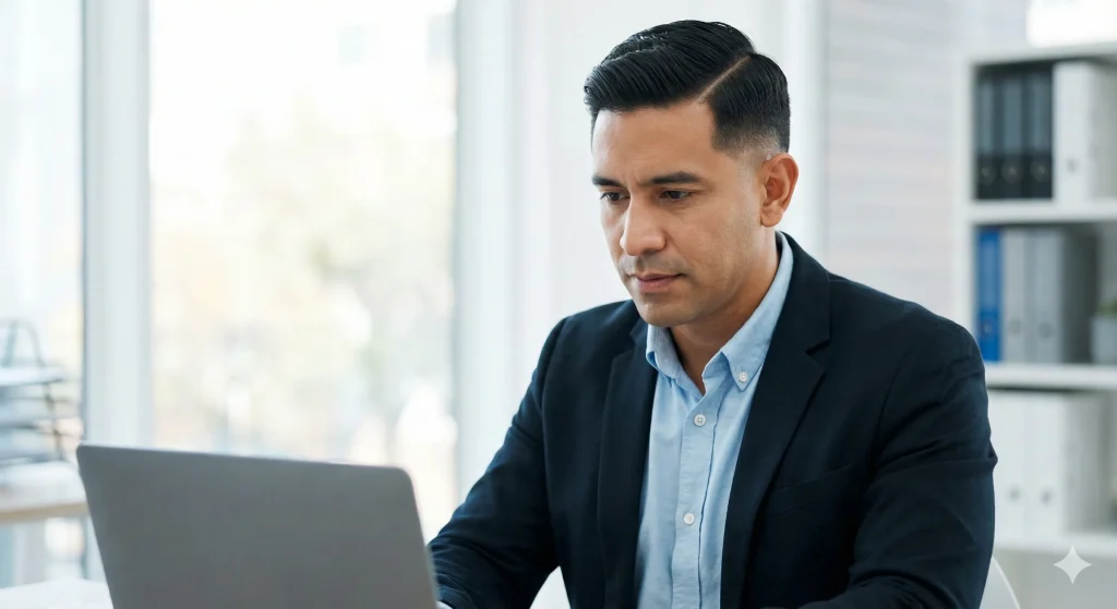Professional Latino man with a classic low taper fade and side part, suitable for office and business settings