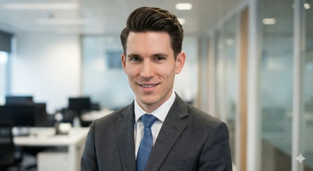 Professional man with a classic side part hairstyle that adds width to the forehead for a balanced look.