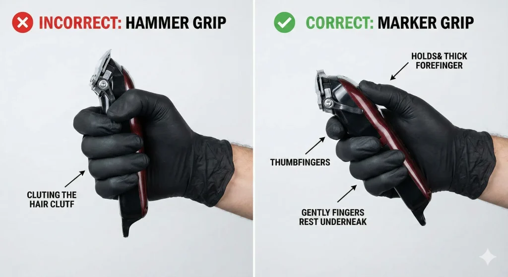 Side-by-side comparison showing the incorrect "hammer grip" versus the correct "marker grip" for holding hair clippers to ensure precision.