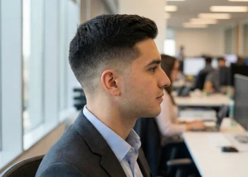 Side profile of a professional man with a clean taper fade haircut suitable for office and daily wear.