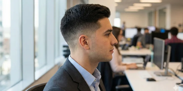 Side profile of a professional man with a clean taper fade haircut suitable for office and daily wear.