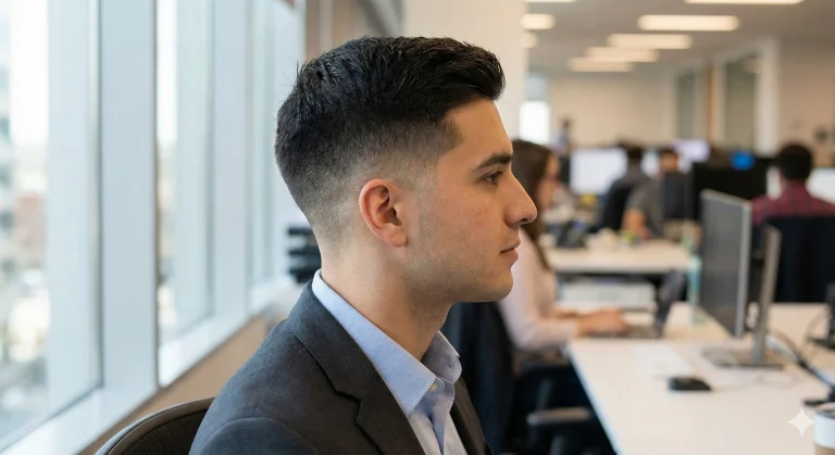 Side profile of a professional man with a clean taper fade haircut suitable for office and daily wear.