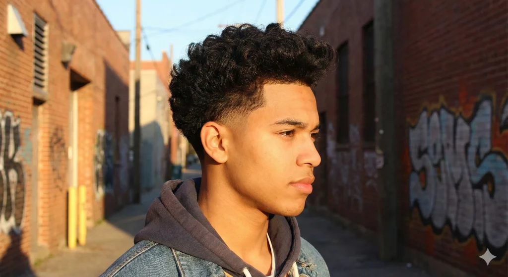 Curly hairstyle for men featuring volume on top and a neat low taper fade on the sides.