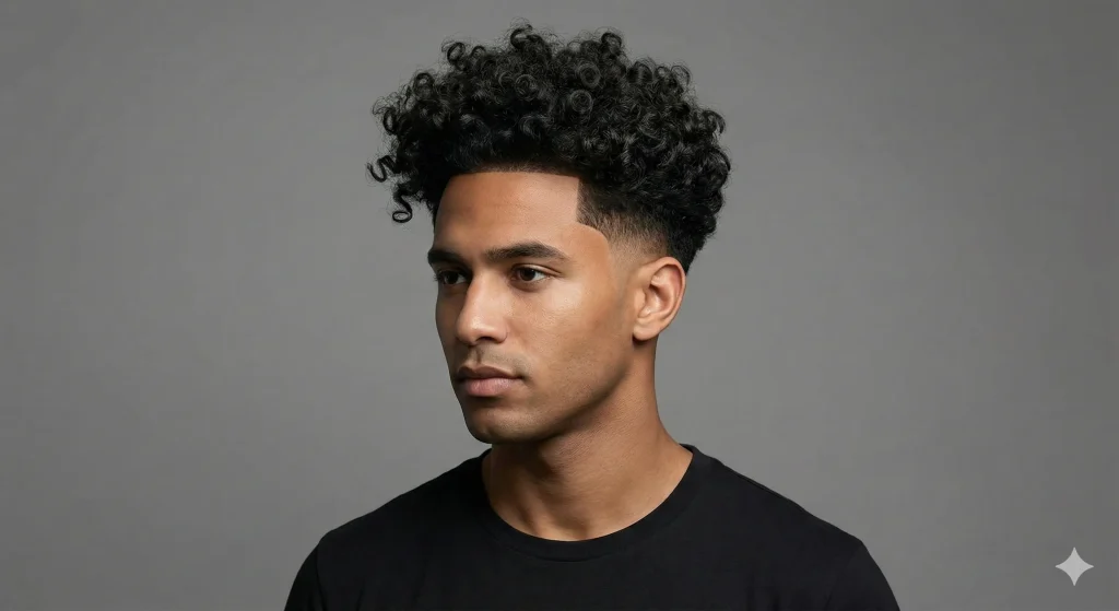 Man with thick curly hair featuring a mid taper fade that keeps the sides clean and top voluminous.