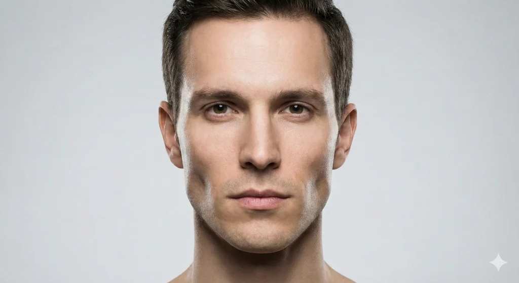 Front view of a male face showing features of a diamond face shape with wide cheekbones and a narrow forehead.