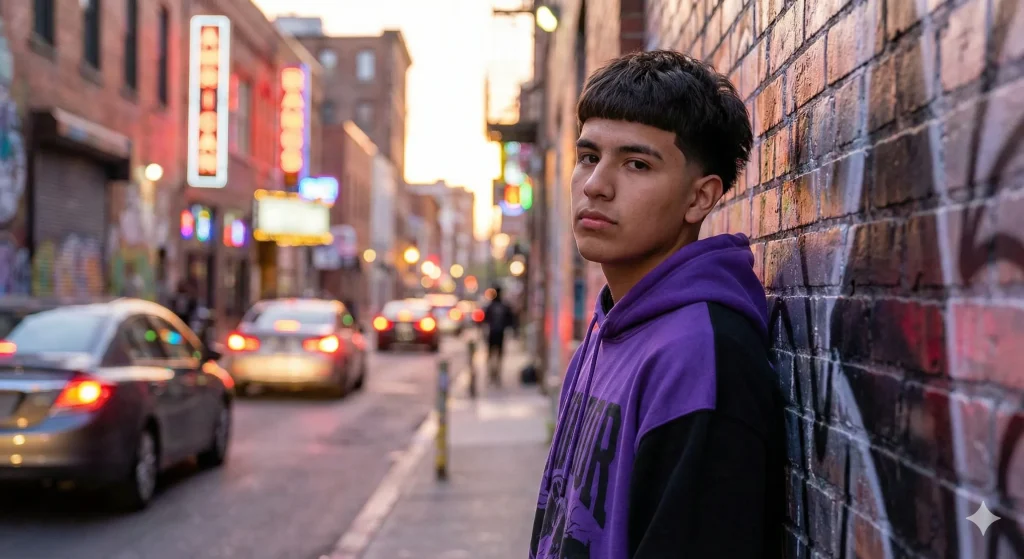Trendy Hispanic teen with a fluffy Edgar haircut featuring a straight fringe and clean low taper fade sides.