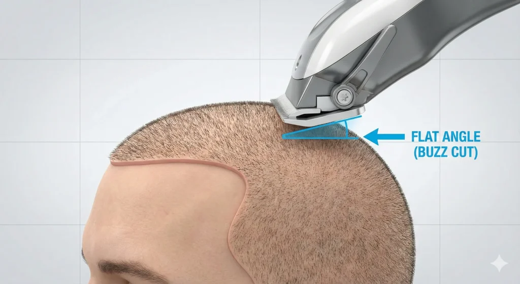 Illustration showing the clipper blade positioned flat against the scalp, the correct angle for buzz cuts and preventing skin irritation.