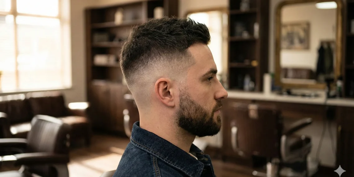 Side profile of a man with a fresh mid skin fade haircut showing a sharp gradient and clean hairline.