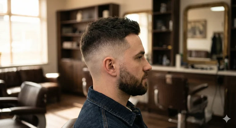 Side profile of a man with a fresh mid skin fade haircut showing a sharp gradient and clean hairline.