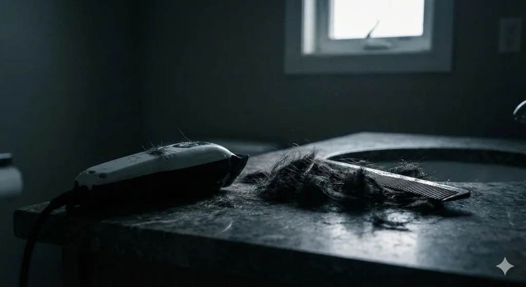 Close-up of hair clippers on a bathroom counter with cut hair, representing a failed DIY haircut attempt.