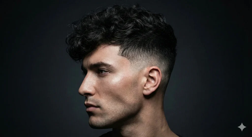 Side profile of a high taper fade with curly hair, showing high contrast and short sides above the temple."